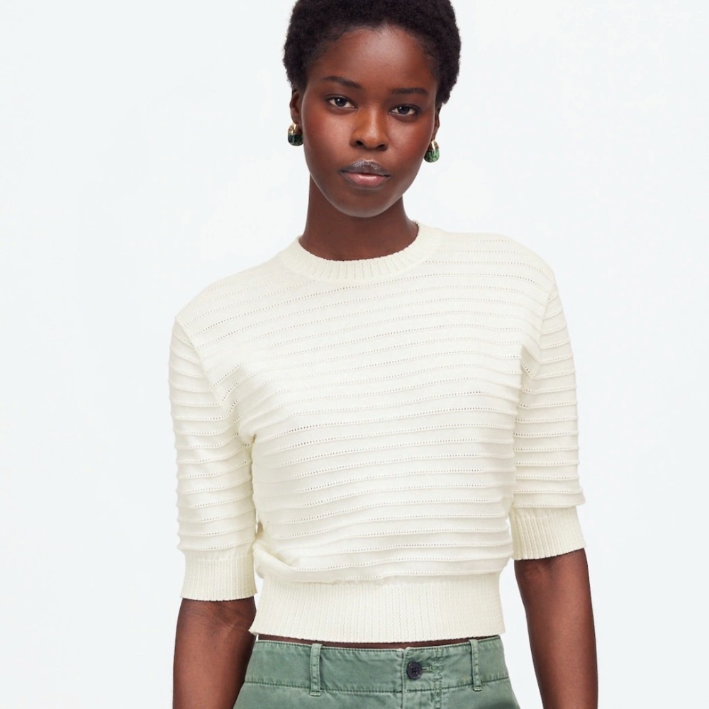 Madewell Textural Stitch Cotton Ivory Textured Knit Short Sleeved Sweater Top